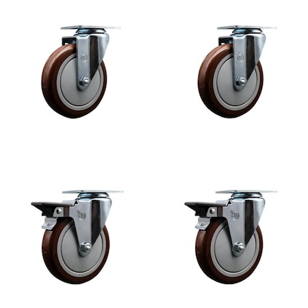 Service Caster 5'' Maroon Poly Wheel Swivel Top Plate Caster Set with 2 Posi Brakes, 4PK SCC-20S514-PPUB-MRN-2-PLB-2